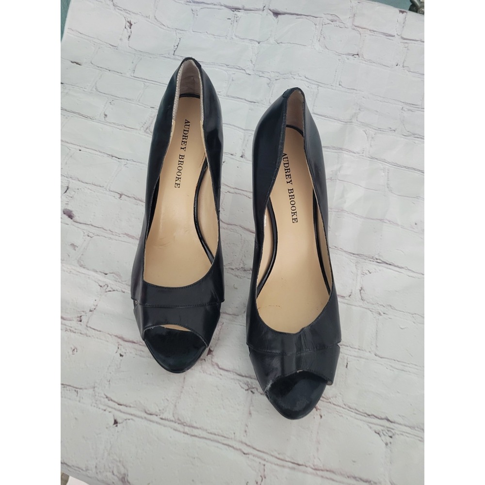 Audrey Brooke Black Leather Peep Toe Pumps Heels Womens 10M AB-GALS3